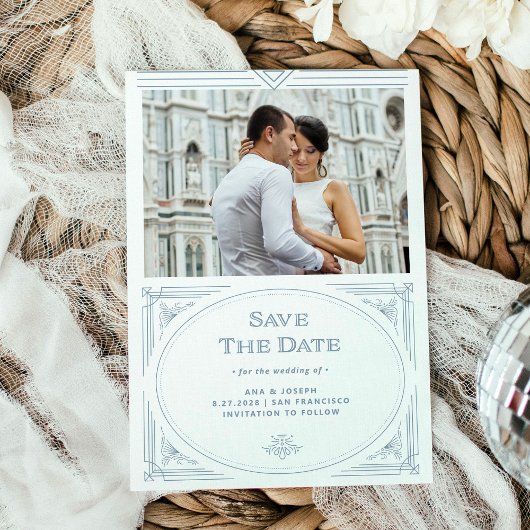 Moderne deco | Wit en stoffig blauw met foto Save The Date