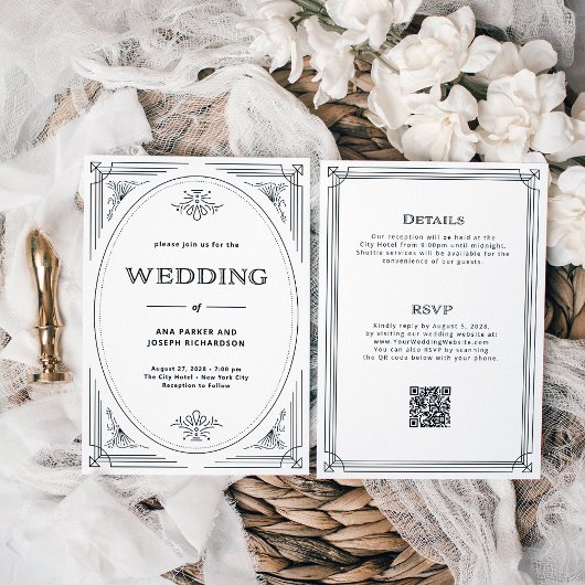 Moderne Deco Zwart-wit Alles in één bruiloft Kaart