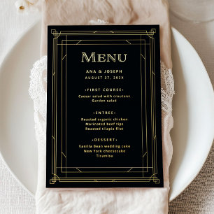 Moderne Deco Zwarte en Gouden Folie Trouw Menu Kaa Uitnodiging