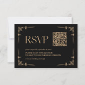 Moderne Deco | Zwarte en Gouden Trouw QR Code RSVP Kaartje (Voorkant)