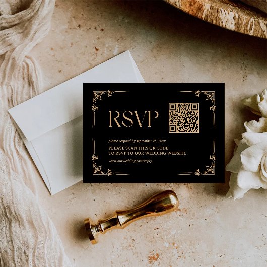 Moderne Deco | Zwarte en Gouden Trouw QR Code RSVP Kaartje