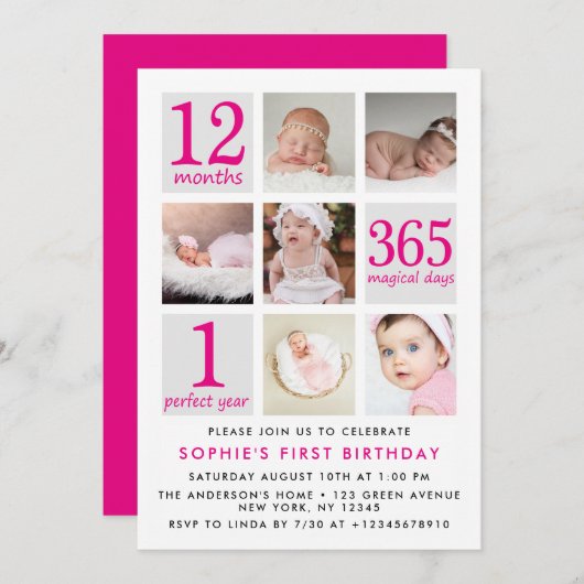 Moderne Deep Pink Fotocollage Eerste Verjaardag Kaart (Voorkant / Achterkant)