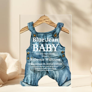 Moderne denim blauwe spijkerbroek jongens baby sho acryl uitnodigingen