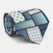 Moderne denim patchwork mozaïekpatroon stropdas (Opgerold)