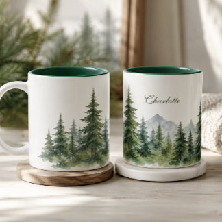 Moderne dennenboom winter aangepaste naam tweekleurige koffiemok