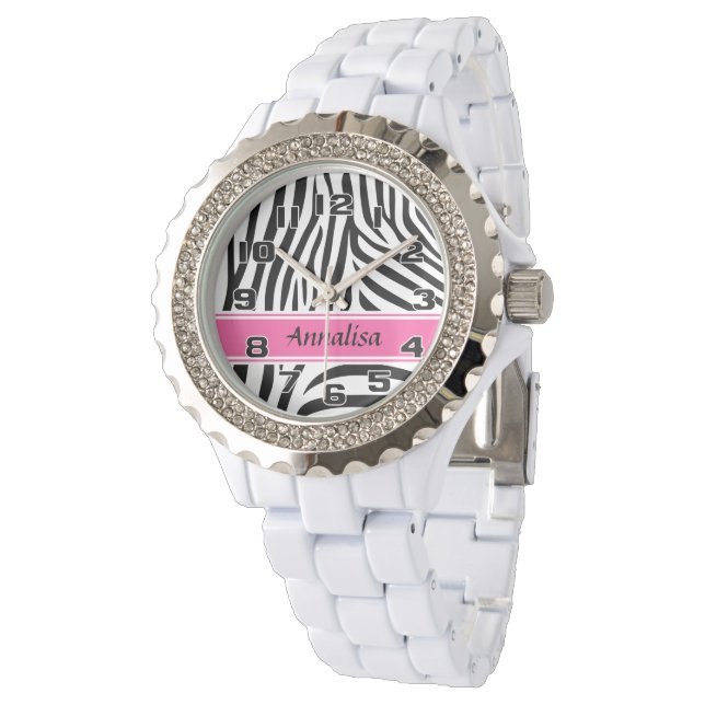 Moderne designer gepersonaliseerde zebra stripe Da Horloge (Gekanteld)