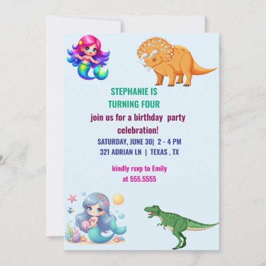 Moderne Dinosaurus zeemeermin Verjaardagsfeest Kaart (Voorkant)