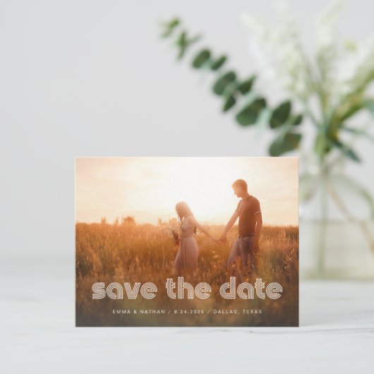 Moderne disco tekst | Foto QR Code De datum opslaa Aankondigingskaart (Staand voorkant)