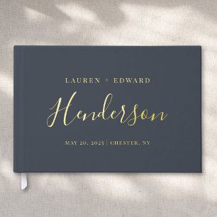 Moderne donker marineblauwe en gouden familienaam gastenboek