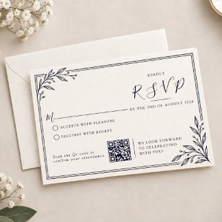 Moderne Donkerblauwe Bladeren Rand QR-code Trouwen RSVP Kaartje