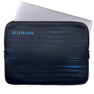 Moderne donkerblauwe gestreepte patroon met naam laptop sleeve