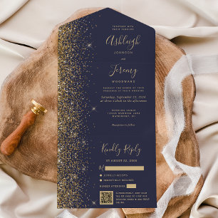 Moderne donkerblauwe gouden glitter QR-code bruilo All In One Uitnodiging