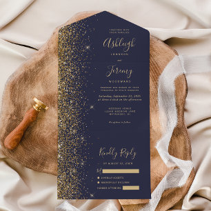 Moderne donkerblauwe gouden glitters bruiloft all in one uitnodiging