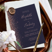 Moderne donkerblauwe Roos Gold Glitter Edge Wedden Kaart