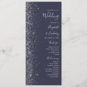 Moderne Donkerblauwe Zilveren Glitter Bruiloft Programma (Voorkant)