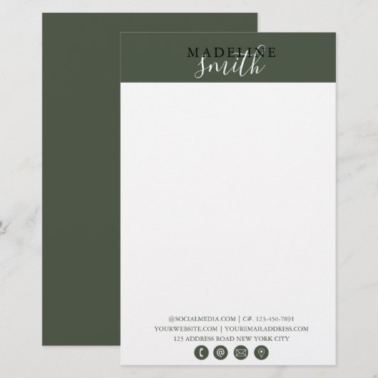 Moderne donkergroene scriptletter briefpapier (Voorkant / Achterkant)