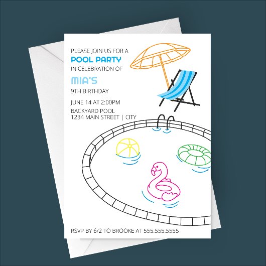 Moderne Doodles Pool Party Verjaardag Uitnodiging