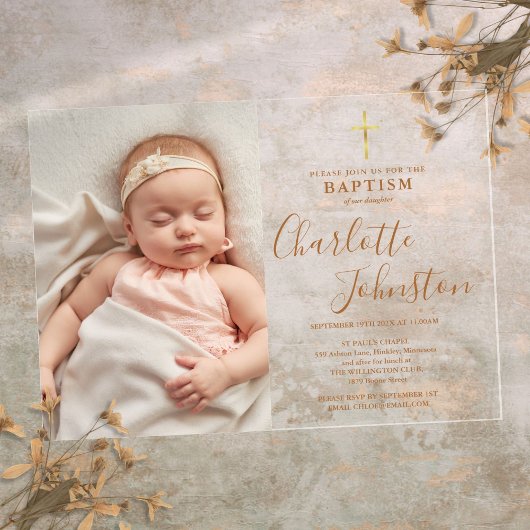 Moderne Doop Christening Gouden Schrift Foto Acryl Uitnodigingen