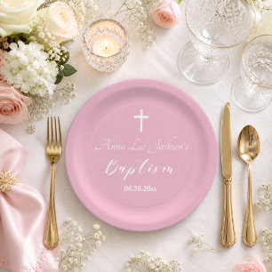 Moderne Doop Christening Witte Kruis Stof Roze Papieren Bordje