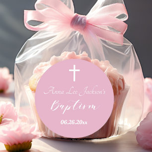 Moderne doop doopsel Witte Kruis Dusty Roze Ronde Sticker