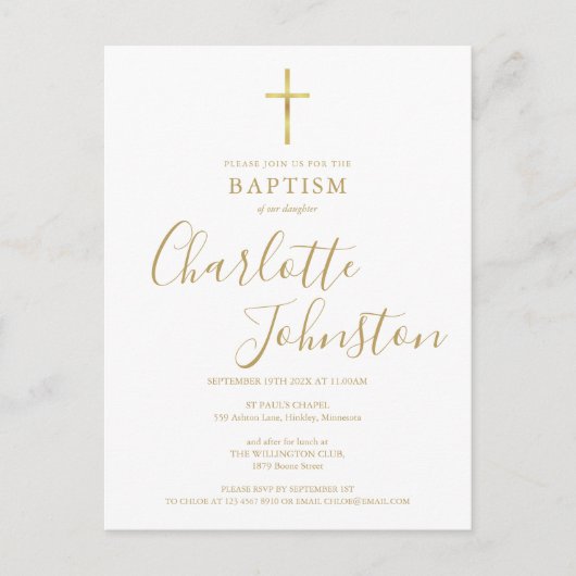 Moderne Doop Uitnodiging Goud Handtekening Script (Voorkant)