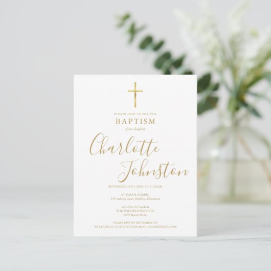 Moderne Doop Uitnodiging Goud Handtekening Script (Staand voorkant)