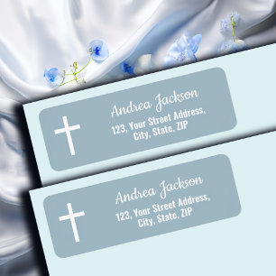 Moderne doop Witte Kruis Blauw Terugkeer Adres Etiket