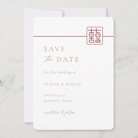 Moderne Double Happiness Huwelijk Save The Date Kaart (Voorkant)