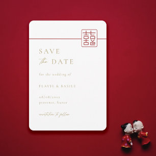 Moderne Double Happiness Huwelijk Save The Date Kaart