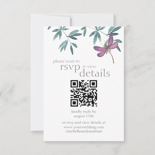 Moderne Dragonfly Wedding QR Code Details en RSVP Kaartje (Voorkant)