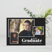 Moderne Drie Foto Zwart Afstudeerfeest Kaart (Staand voorkant)