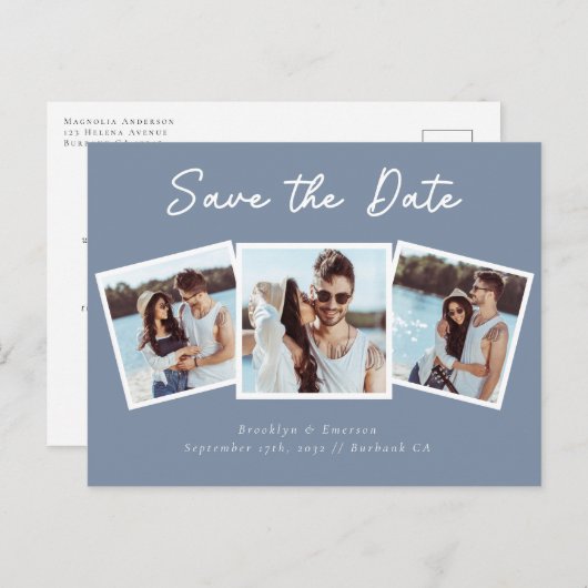 Moderne drie fotobruiloft bespaart de datum briefkaart (Voorkant / Achterkant)