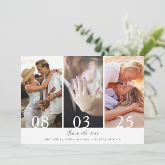 Moderne drie fotobruiloft sparen de Datum Save The Date (Staand voorkant)