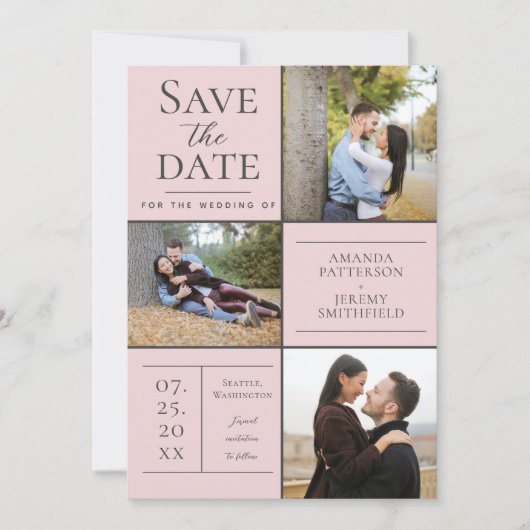 Moderne drie fotocollage | Roze Bewaar de datum Save The Date (Voorkant)