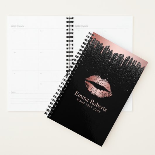 Moderne driftige Roos Gold Lips Black Glitter Planner (Display)
