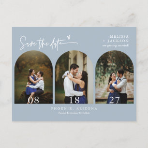 Moderne Dusty Blue Arch Photo QR Code Save the Dat Briefkaart