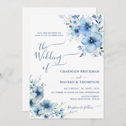 Moderne Dusty Blue bloemenbruiloft Kaart (Voorkant / Achterkant)
