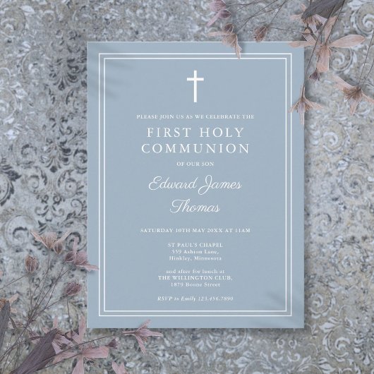 Moderne Dusty Blue First Holy Communion Invitation