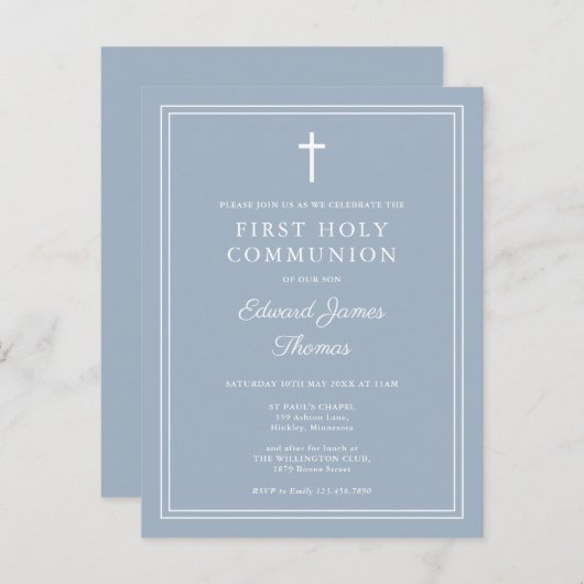Moderne Dusty Blue First Holy Communion Invitation (Devant / Derrière)