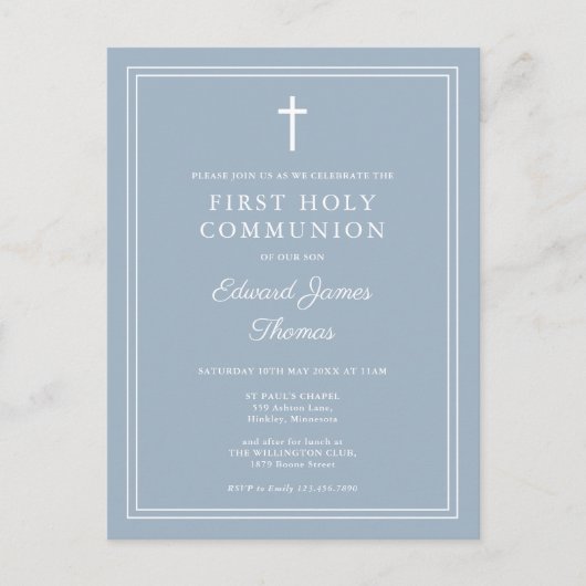 Moderne Dusty Blue First Holy Communion Invitation (Devant)