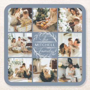 Moderne Dusty Blue Monogram Familienaam & Foto Vierkante Kartonnen Onderzetter