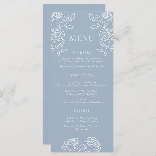 Moderne Dusty Blue Rose Menu Mariage (Devant / Derrière)