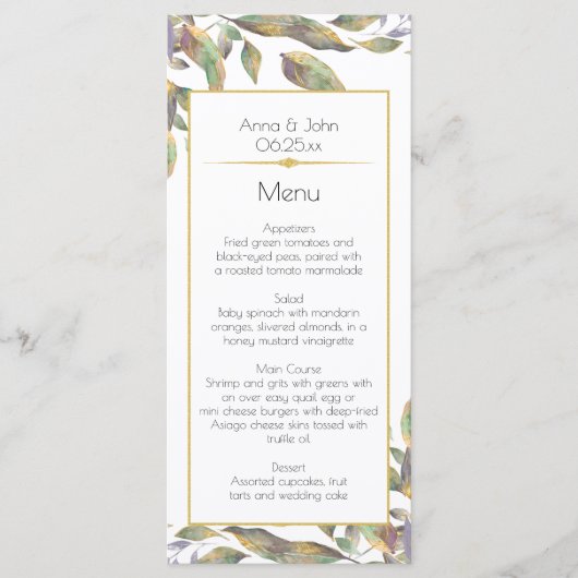 Moderne Dusty Purple Sage Green Gold Feuilles Menu (Devant)