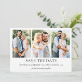Moderne, eenvoudige 3 foto save the date (Staand voorkant)