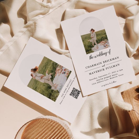 Moderne Eenvoudige Arch Photo QR Code Weddenschap Kaart