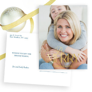 Moderne Eenvoudige 'Be Merry' Typografie 1 Foto Folie Feestdagen Briefkaart