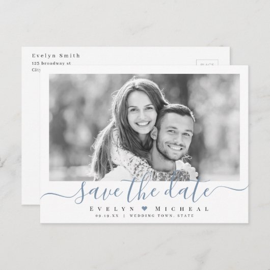 Moderne eenvoudige blauwe scriptfoto slaat de datu briefkaart (Voorkant / Achterkant)