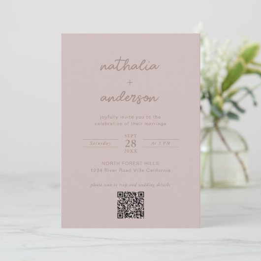 Moderne Eenvoudige Blush Script Foto QR Code Bruil Kaart (Staand voorkant)