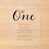 Moderne Eenvoudige Boho Hart Eerste Verjaardag Acryl Uitnodigingen (Voorkant)