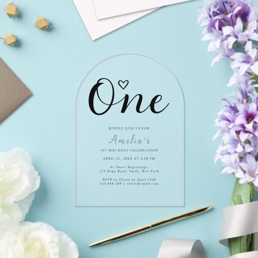 Moderne Eenvoudige Boho Hart Eerste Verjaardag Acryl Uitnodigingen (Insitu (Huwelijk))